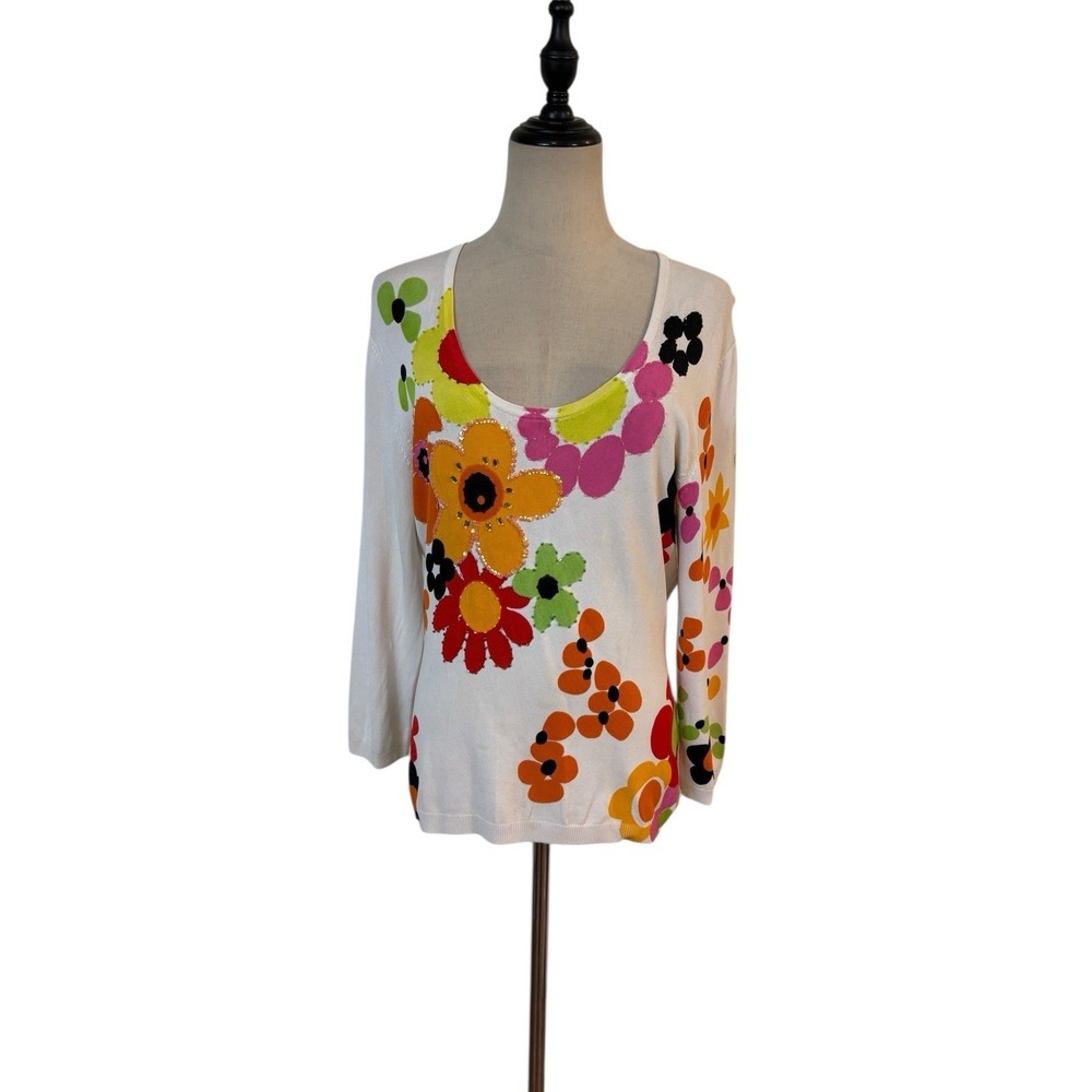Vtg Nicole Alexander Knit Top Sz M‎ Flower Power Beaded Sz M Y2K 90s Mod Artsy